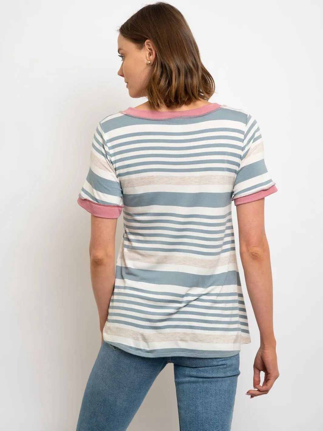 WOMEN'S STRIPES V-NECK TOP