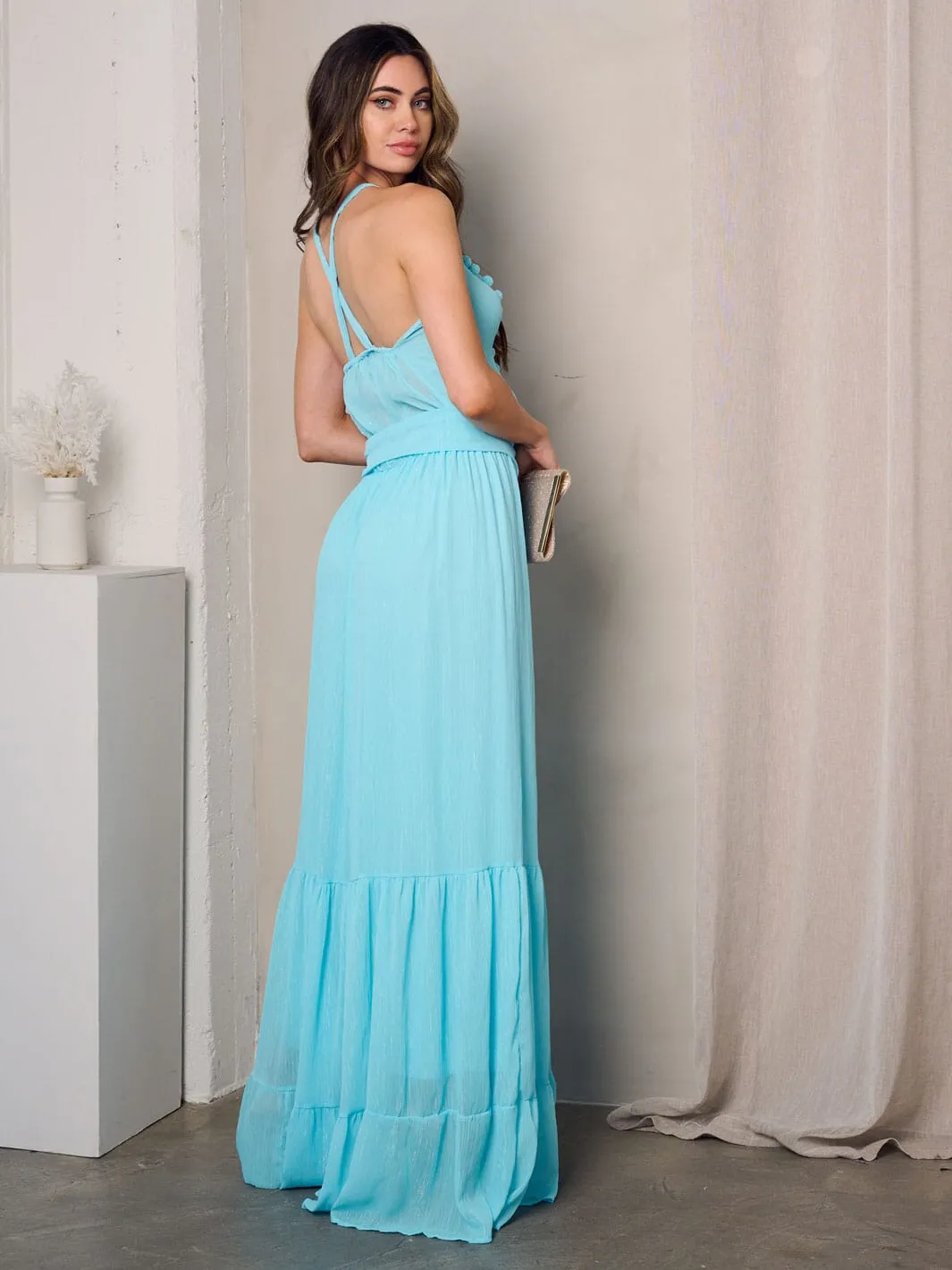 WOMEN'S V-NECK OPEN BACK TIERED MAXI DRESS