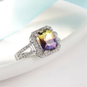 Yellow & Purple Crystal Cubic Zirconia Silver-Plated Princess-Cut Halo Ring