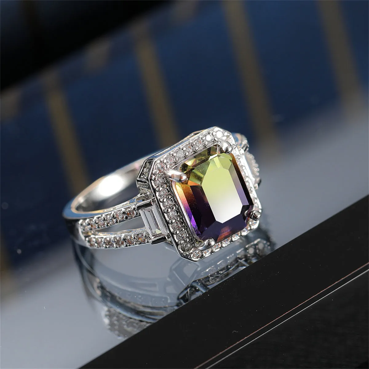 Yellow & Purple Crystal Cubic Zirconia Silver-Plated Princess-Cut Halo Ring