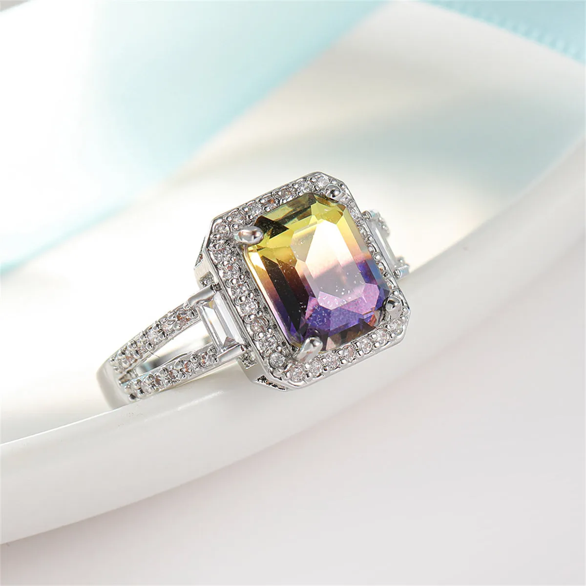 Yellow & Purple Crystal Cubic Zirconia Silver-Plated Princess-Cut Halo Ring