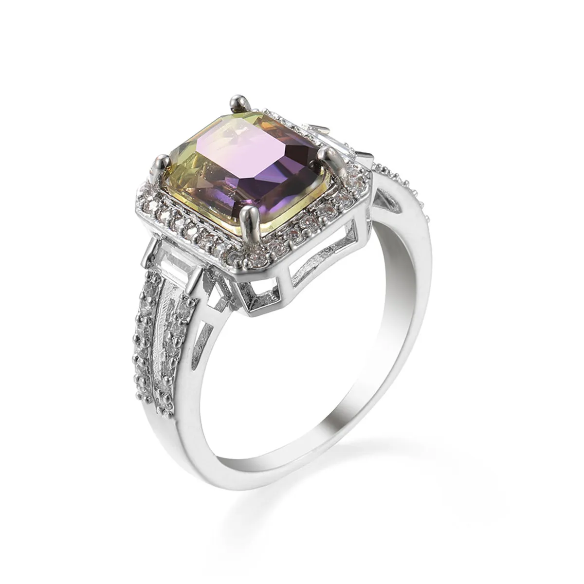 Yellow & Purple Crystal Cubic Zirconia Silver-Plated Princess-Cut Halo Ring