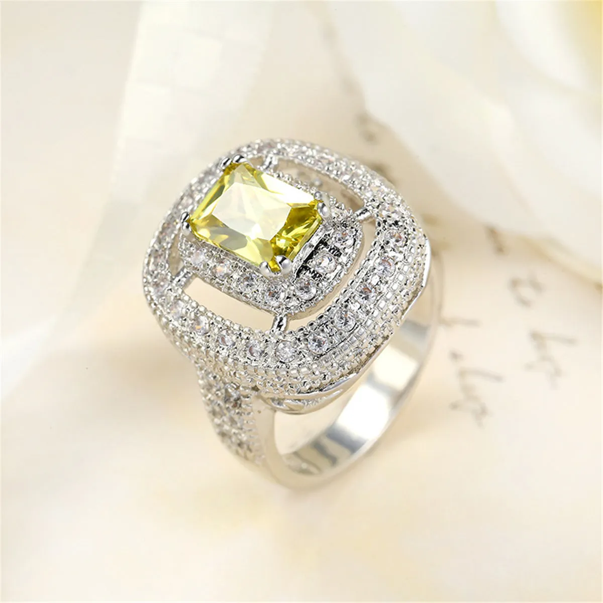 Yellow Crystal & Cubic Zircon Layered Halo Ring