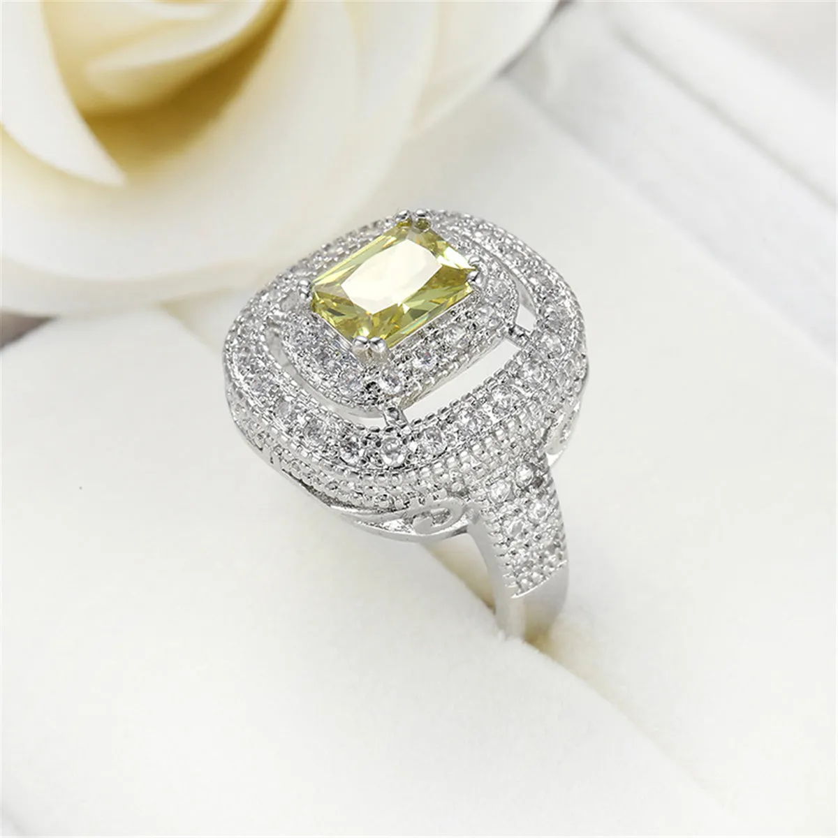 Yellow Crystal & Cubic Zircon Layered Halo Ring