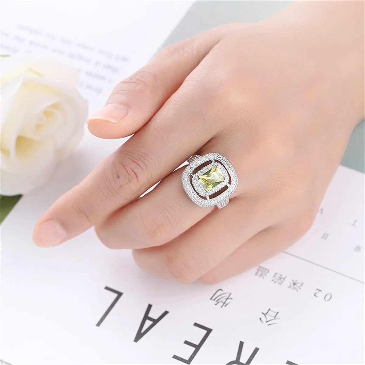 Yellow Crystal & Cubic Zircon Layered Halo Ring