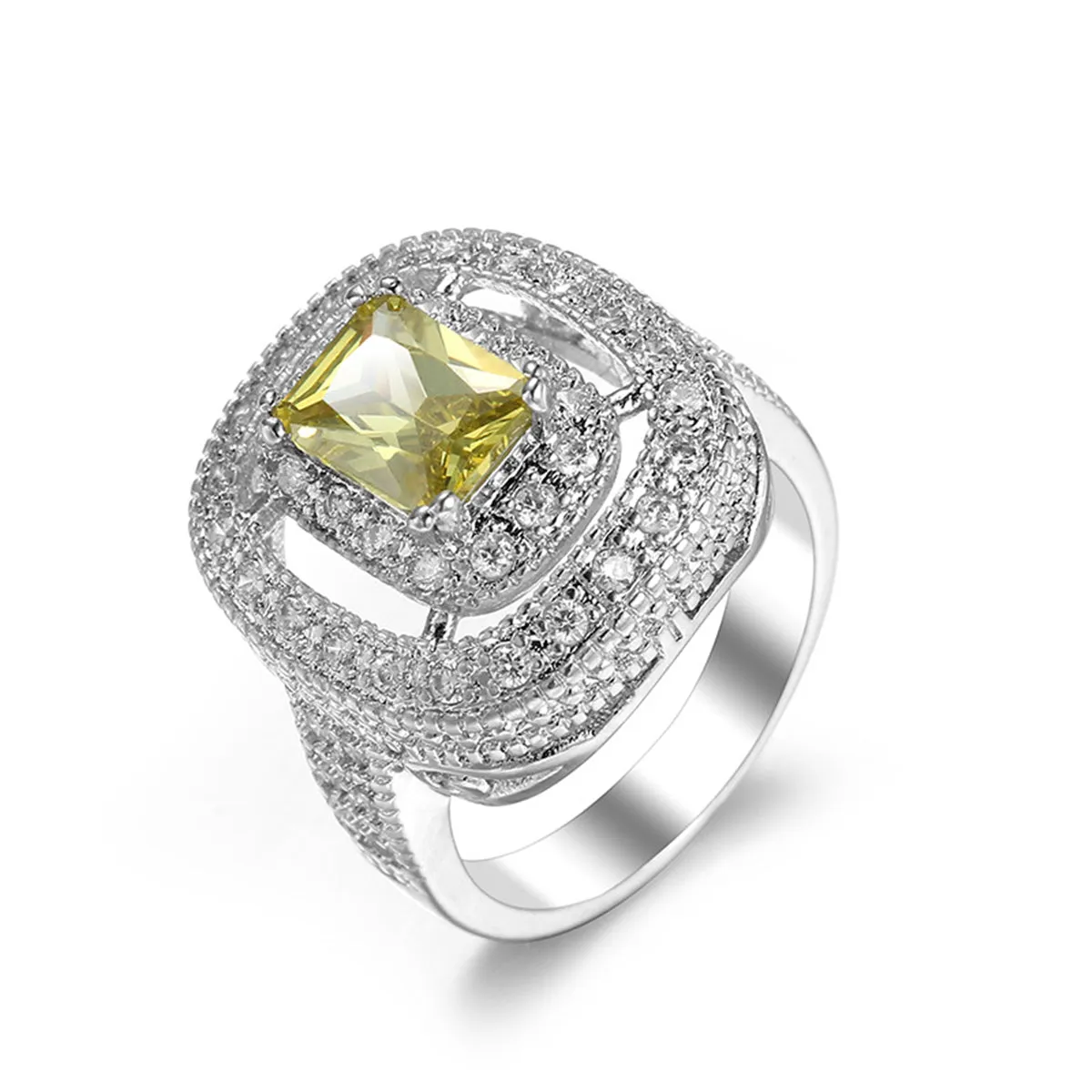 Yellow Crystal & Cubic Zircon Layered Halo Ring