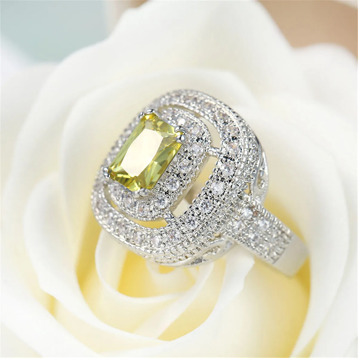 Yellow Crystal & Cubic Zircon Layered Halo Ring