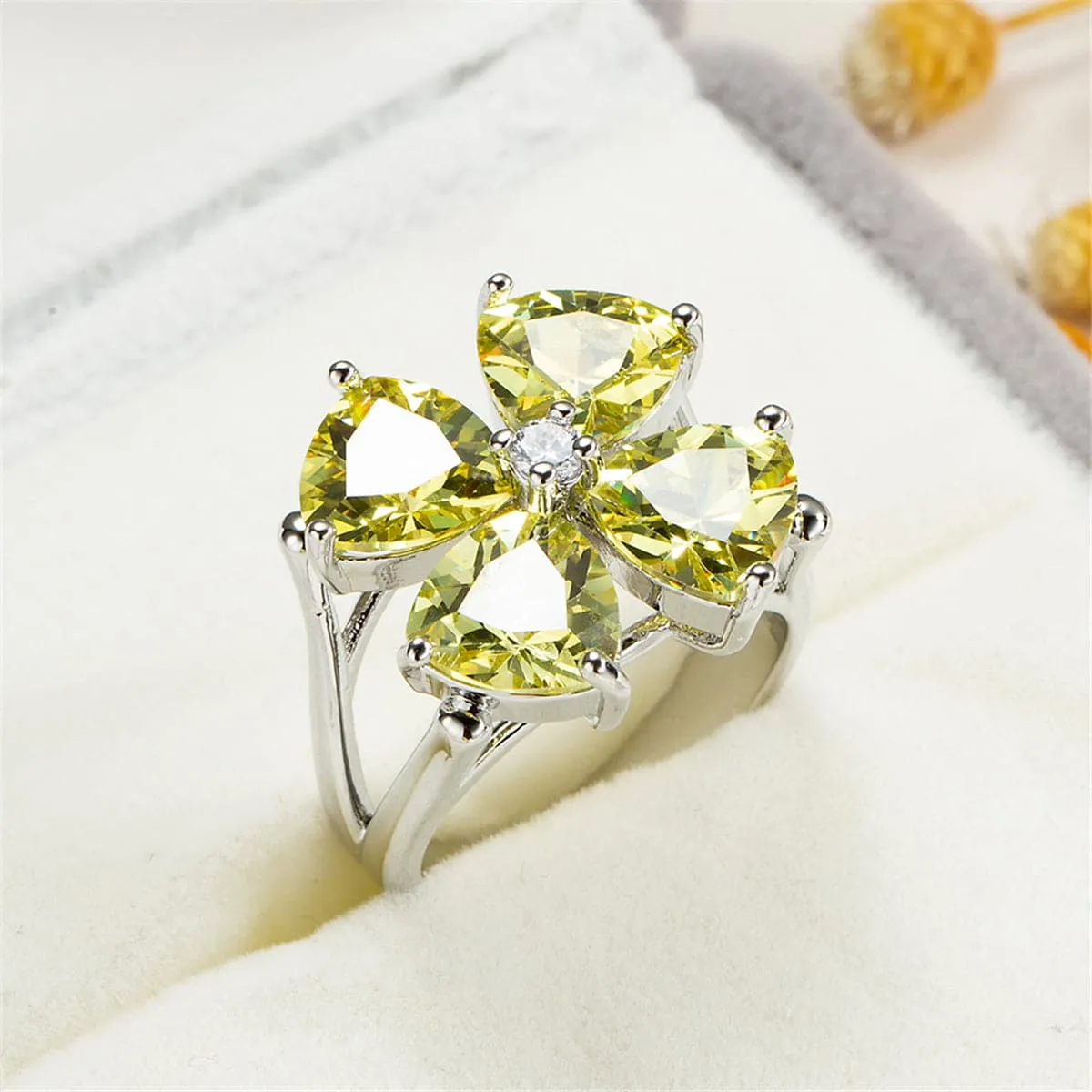 Yellow Cubic Zirconia & Crystal Clover Ring