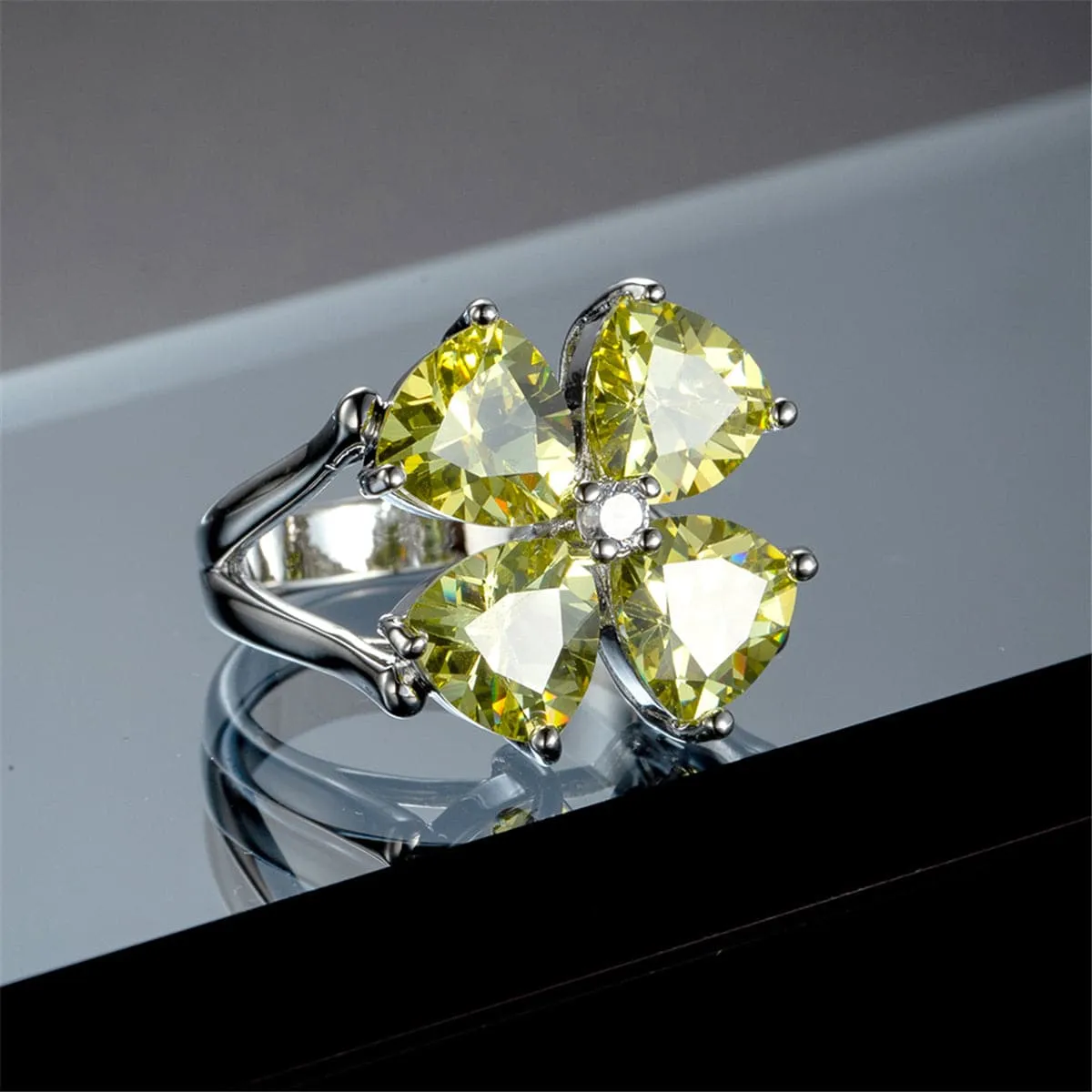Yellow Cubic Zirconia & Crystal Clover Ring
