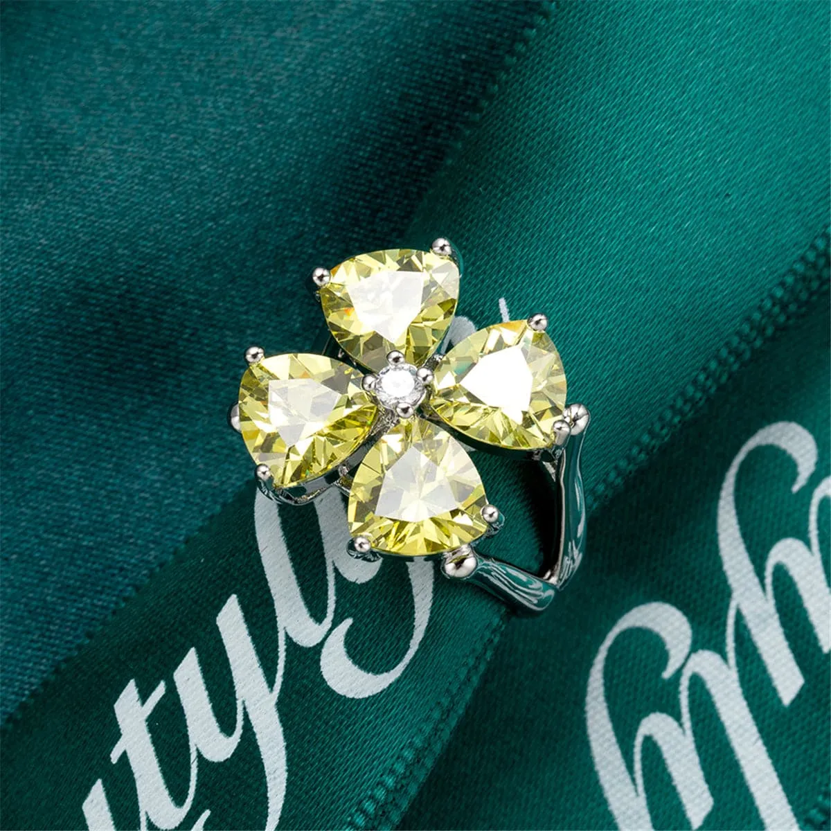 Yellow Cubic Zirconia & Crystal Clover Ring