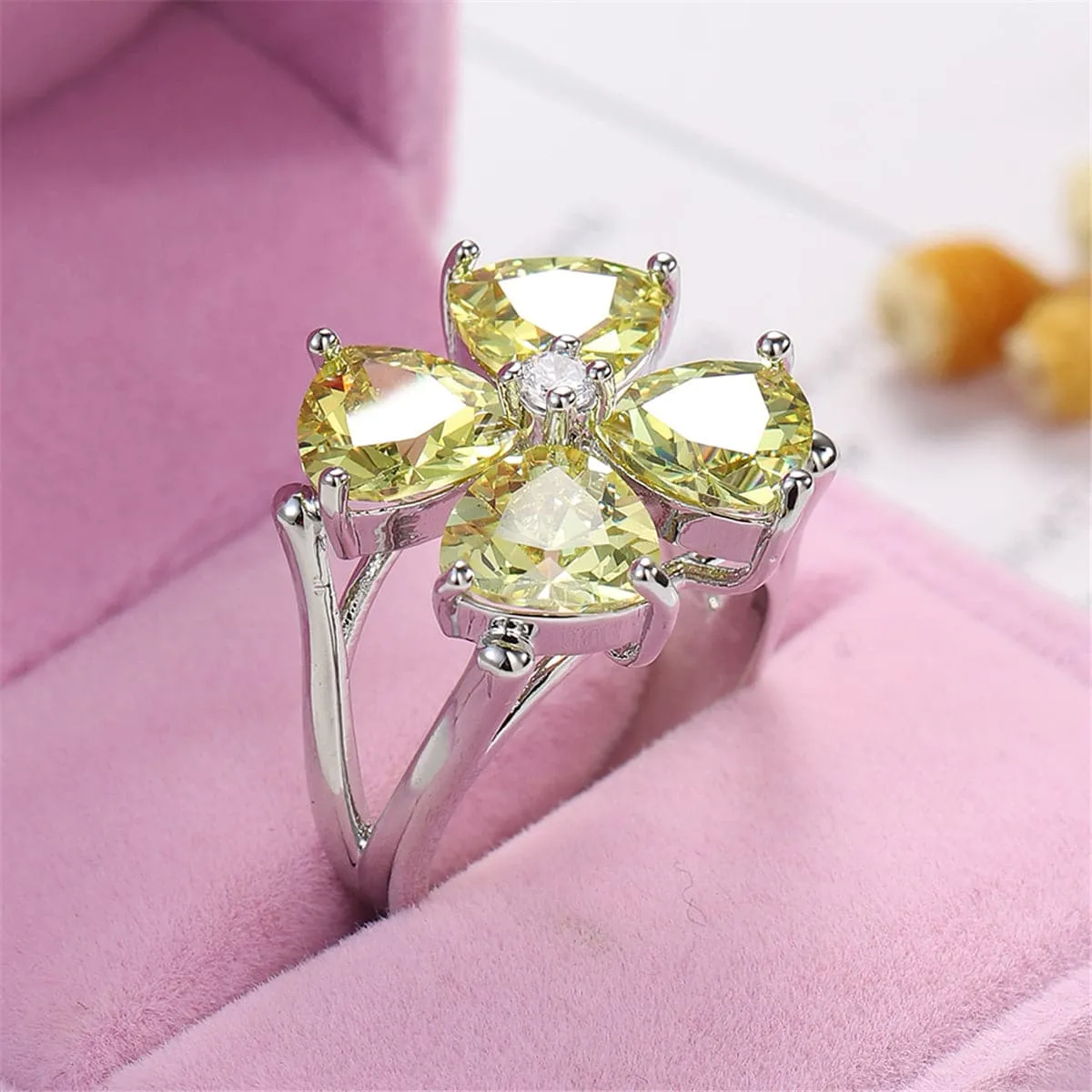Yellow Cubic Zirconia & Crystal Clover Ring