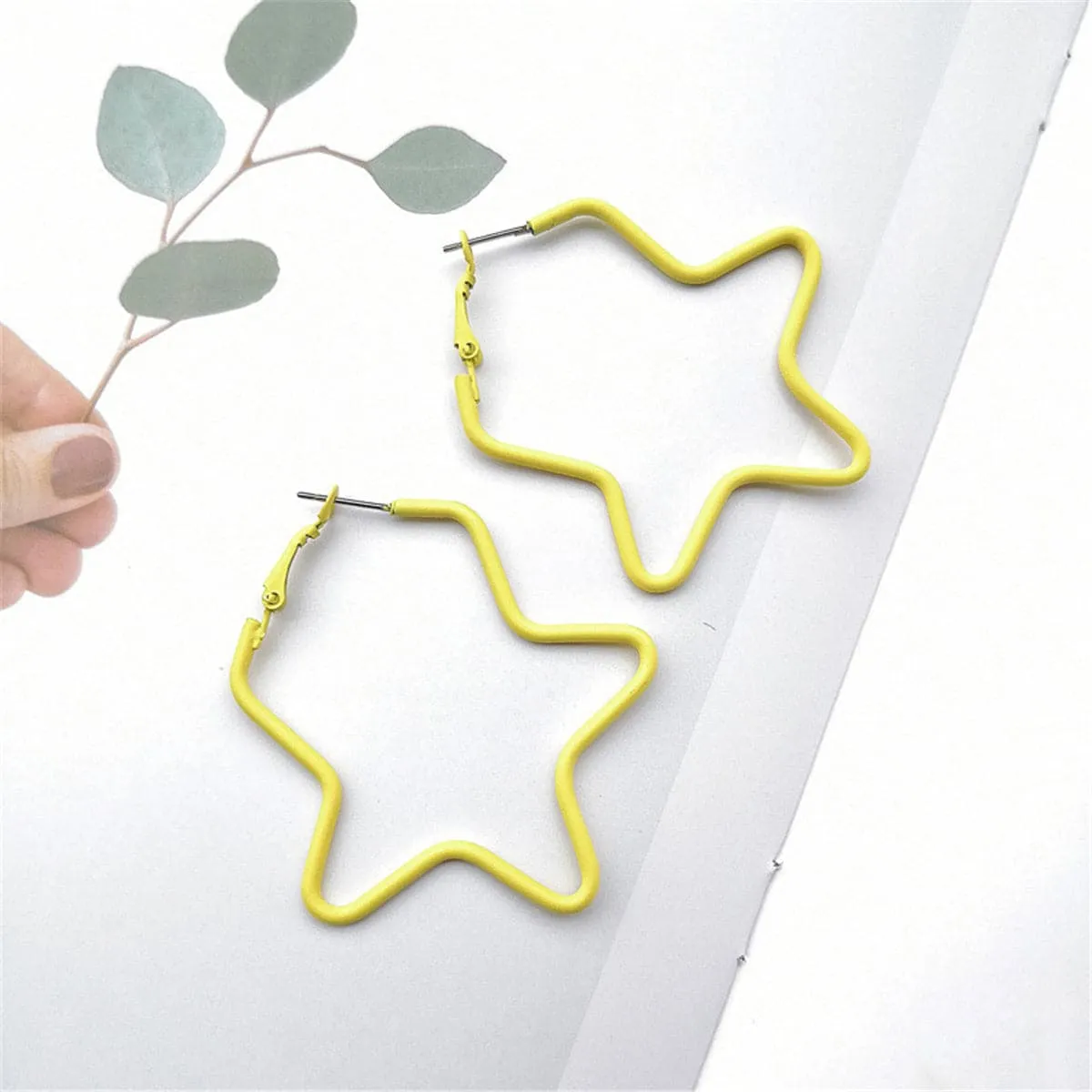 Yellow Enamel & Silver-Plated Star Hoop Earrings