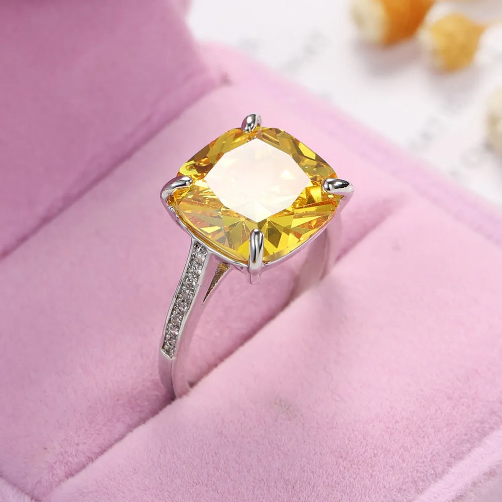 Yellow Princess Crystal & Cubic Zirconia Silver-Plated Prong-Set Ring